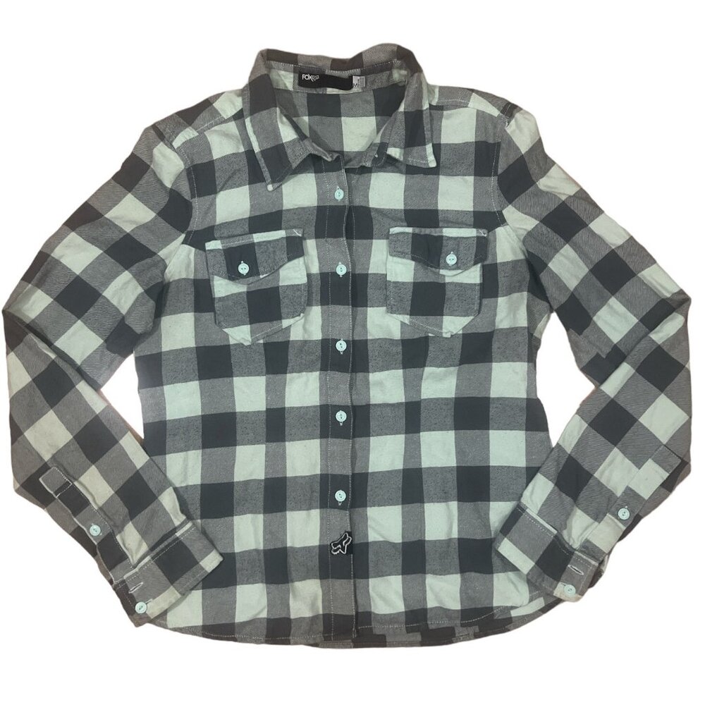 Fox Racing Shirt Women's Medium Mint Green Gray Plaid Flannel Long Sleeve